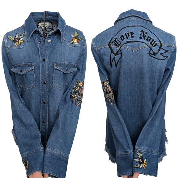 Zadig & Voltaire Deluxe Thelma Love Now Embroidery Western Denim Button Shirt XS - Picture 11 of 15